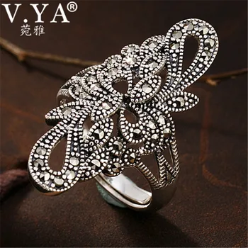 

V.YA Luxury 925 Sterling Silver Ring Women Open Rings Adjustable Size Thai Silver Marcasite Stone Jewelry