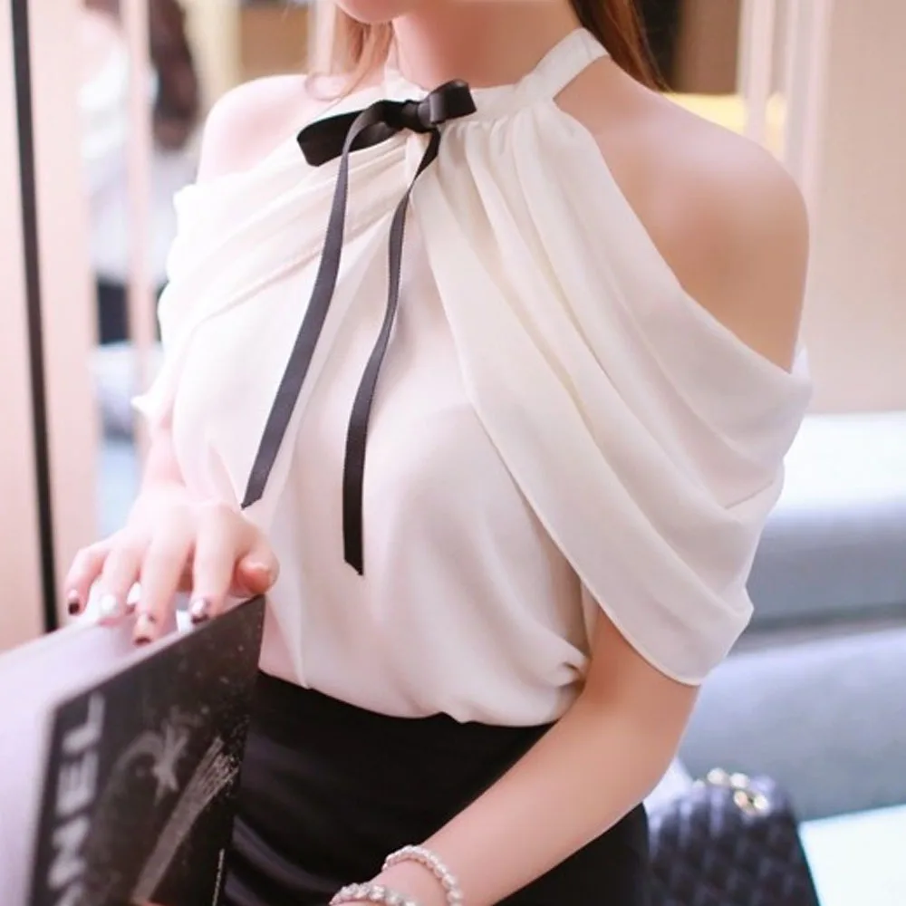Off Shoulder White Chiffon Blouses Sexy Halter Fashion Bow Slash Neck Streetwear Elegant Women Tops and Blouse Ruffle Shirt | Женская