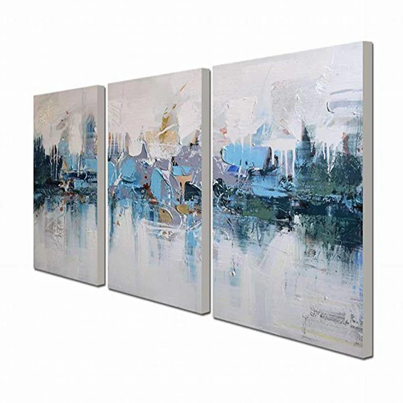 

Abstract painting blue three-screen combination hand-painted oil painting modern wall painting art thick texture living room