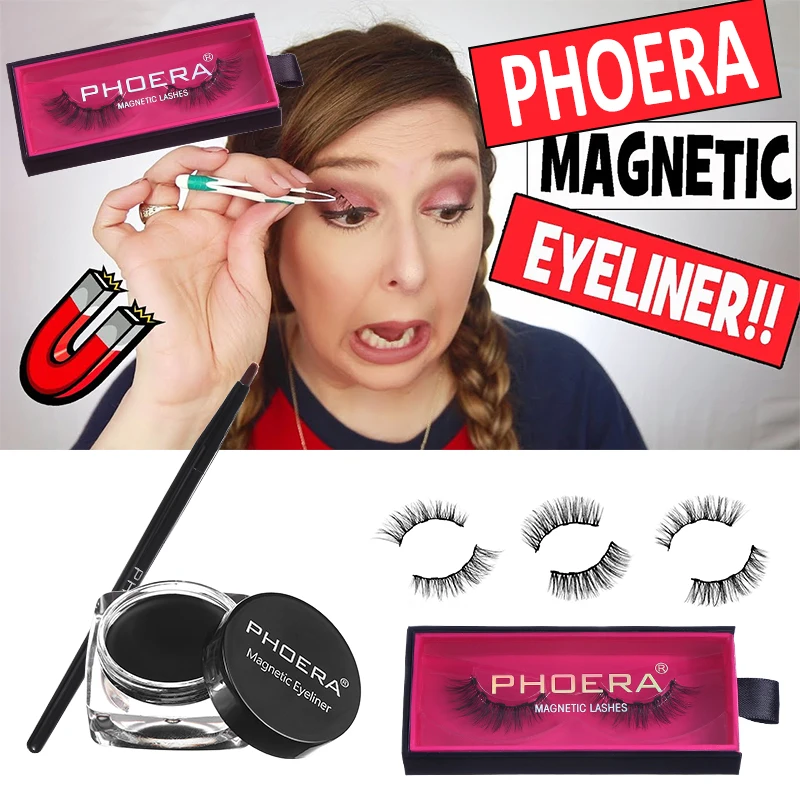 PHOERA Magnetic Eyeliner Eyelashes Kit 3D Magnet False Eyelash Reusable& Liquid Eyeliner& Brush Set Waterproof Lasting Makeup