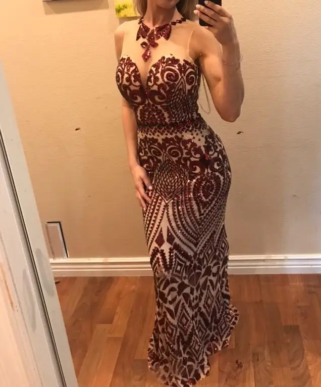 

Vintage Sequins Mermaid Evening Dresses 2019 Sexy Real Photo Sleeveless Evening Dress Elegant Sheer Women Formal Dress vestidos