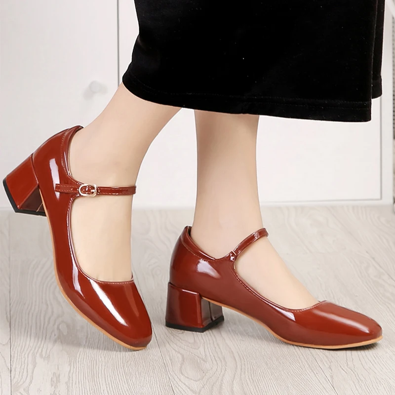 

2019 New Ladies Office Shoes Women Leather Black Red Heels Pumps Low Heel Shoe Party Platform Block Heel zapatos chaussure femme