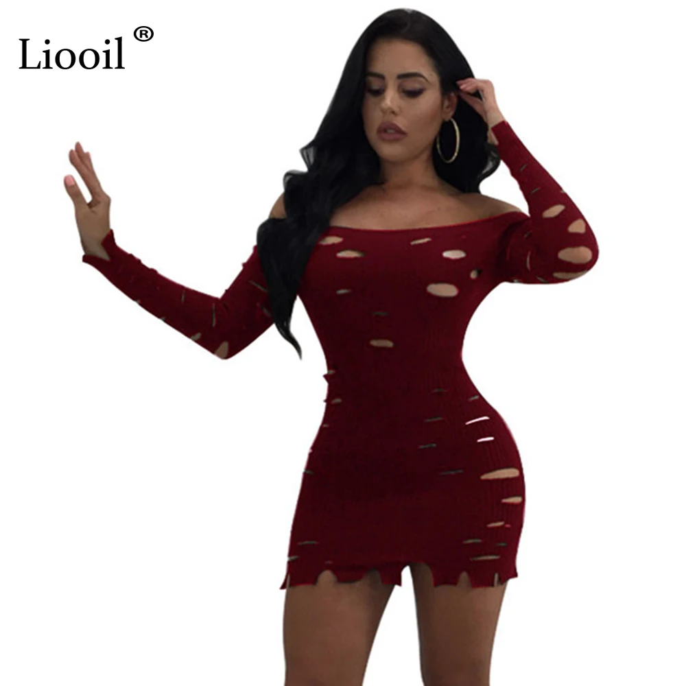 Liooil Sexy Club Mini Knitted Dress Autumn Winter hole Off Shoulder Long Sleeve Bodycon Dress Cut