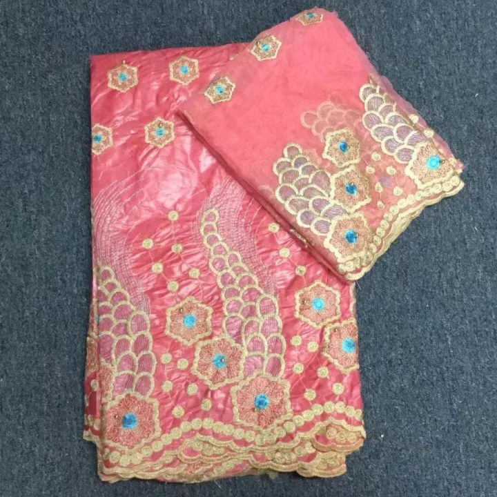 

5Yards Beautiful peach african Bazin brocade lace fabric and 2yards french net lace embroidery for dress BZ11-1