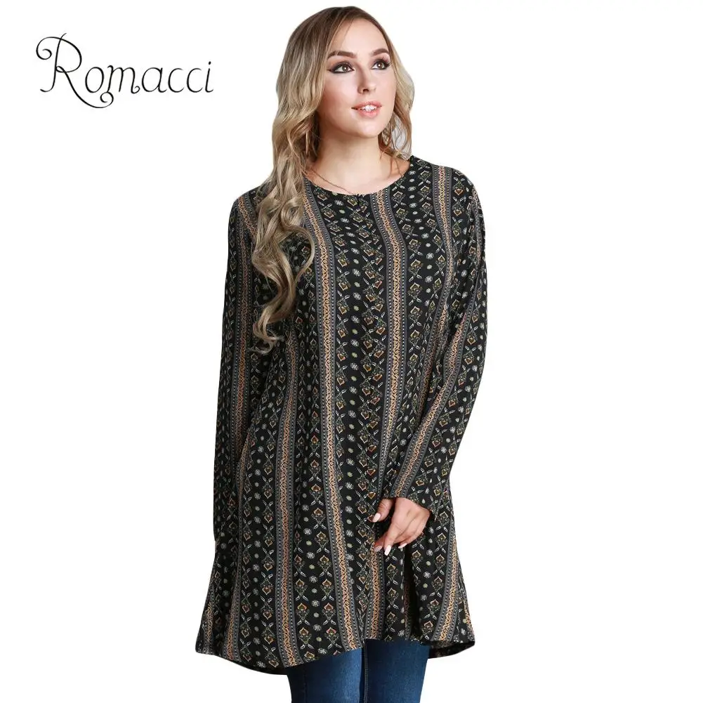 Винтажная женская рубашка Romacci 2019 свободная блузка с длинным рукавом и круглым