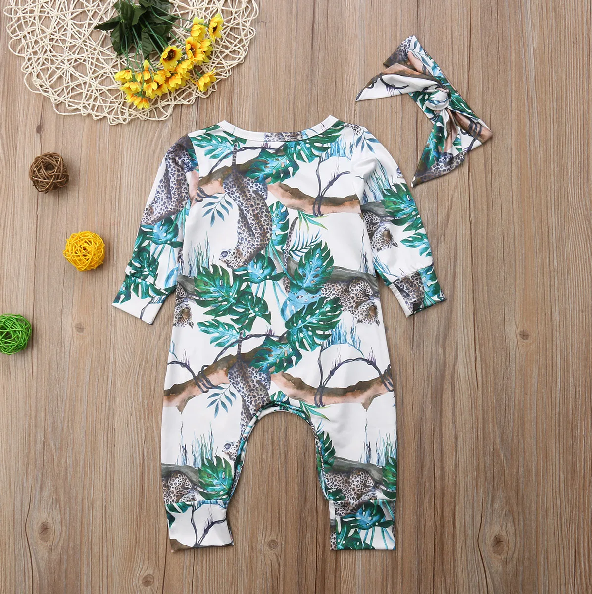 Одежда для новорожденных малышей девочек комбинезон с лесным гепардом + повязка