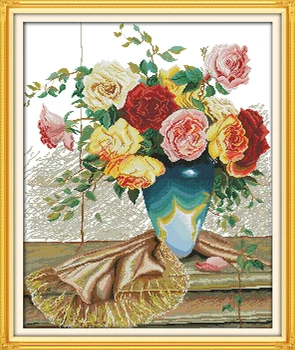 

Flowers Colorful roses cotton cross stitch kits 14ct white 11ct printed embroidery DIY handmade needle work wall home decor