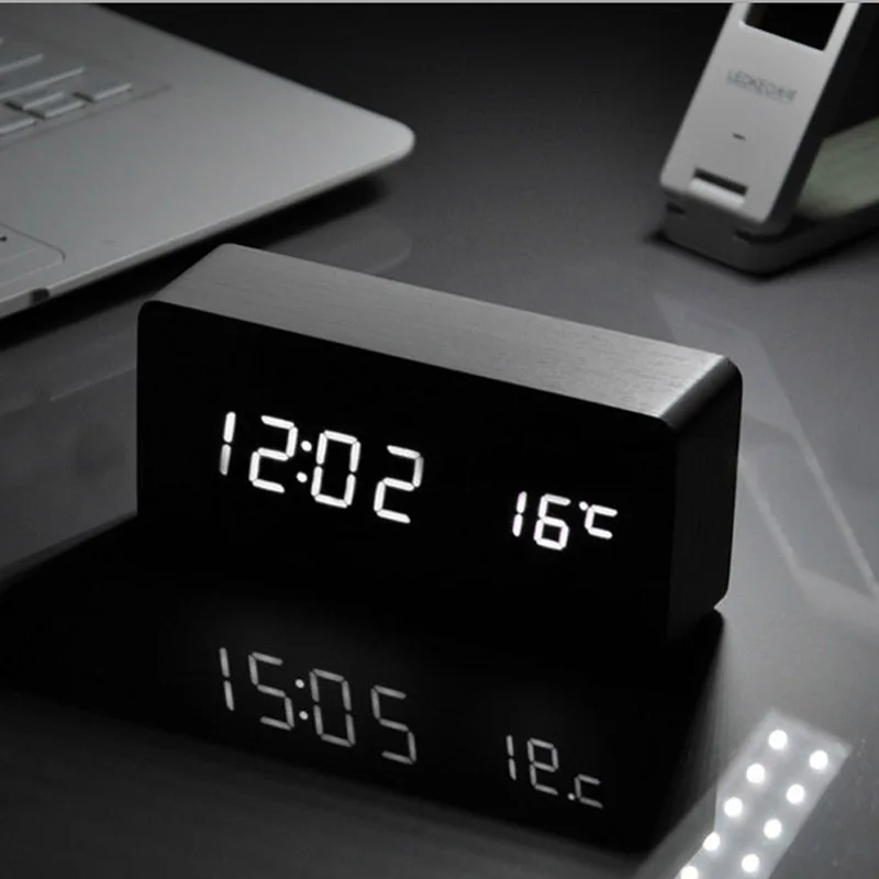 White LED font b wooden b font Board alarm clock Temperature thermometer digital font b watch