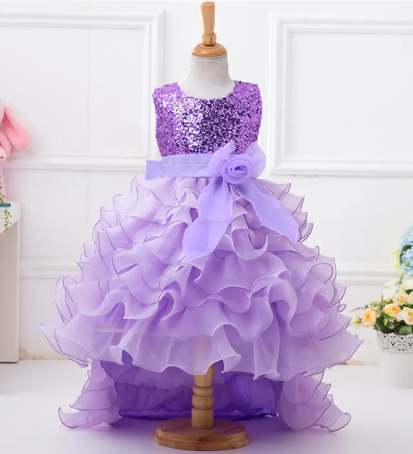 

Designer Childrens Clothing Appliques Sequin Flower Blue Formal Kids Pageant Dresses Ruffles Red Beige Lavender Evening Gowns