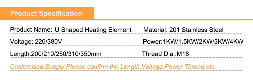 U-образный нагревательный элемент из нержавеющей стали M18, резьба 220 В, одноместная u-образная электрическая нагревательная труба для рисовой машины 1 кВт/1,5 кВт/2 кВт/3 кВт/4 кВт