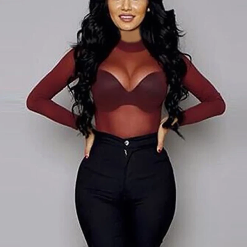 Sexy Women Blouses See Through Transparent Mesh O-Neck ...