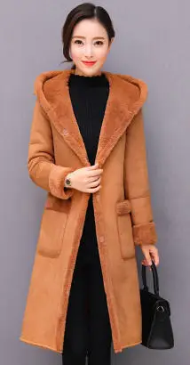 Зимнее женское пальто из искусственной овечьей шерсти с капюшоном из овчины, женские длинные пальто из овчины, Длинные Куртки из искусственной замши W1599 - Цвет: caramel