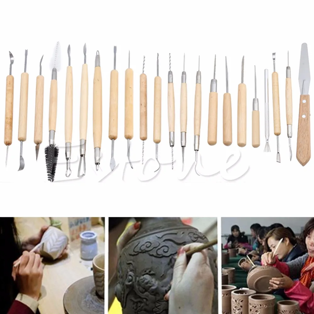 

OOTDTY DIY 22Pcs Wood and Stainless Steel Pottery Clay Sculpture Carving Modelling Ceramic Hobby Tools Art Craft