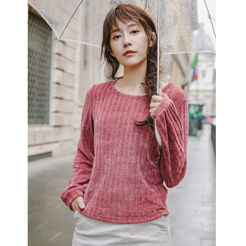

INMAN Autumn Round Neck Lantern Sleeve Polyester Fiber Loose Style Simple Design T Shirt