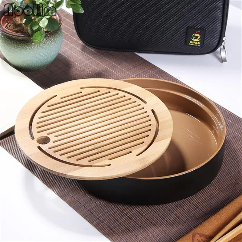 Черный керамический и бамбуковый керамический чайный поднос в японском стиле для домашнего использования