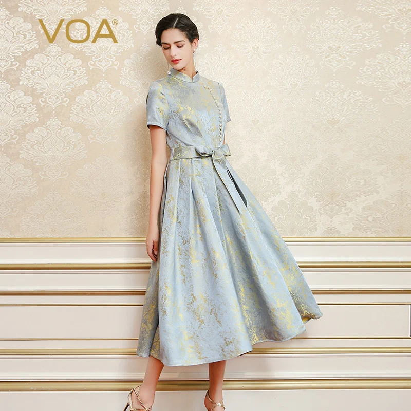 VOA 2017 Summer Elegant Vintage Silk Jacquard Party Dress Chinese Style Short Sleeve Pearl Buckle Lace