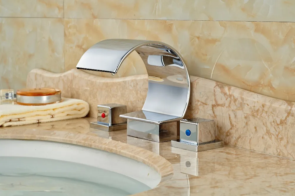 

Luxury C Curved Waterfall Bathroom Basin Faucet Double Handles Sink Mixer Tap