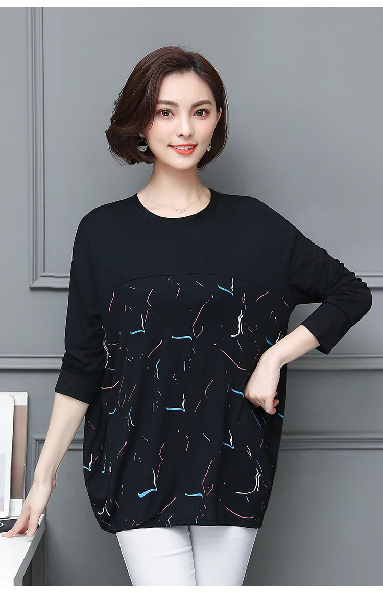 Плюс размер o-образным вырезом Топы осенние корейские женские повседневные свободные рукава «летучая мышь» черные Оверсайз Футболки женские футболки большого размера - Цвет: Striped Print