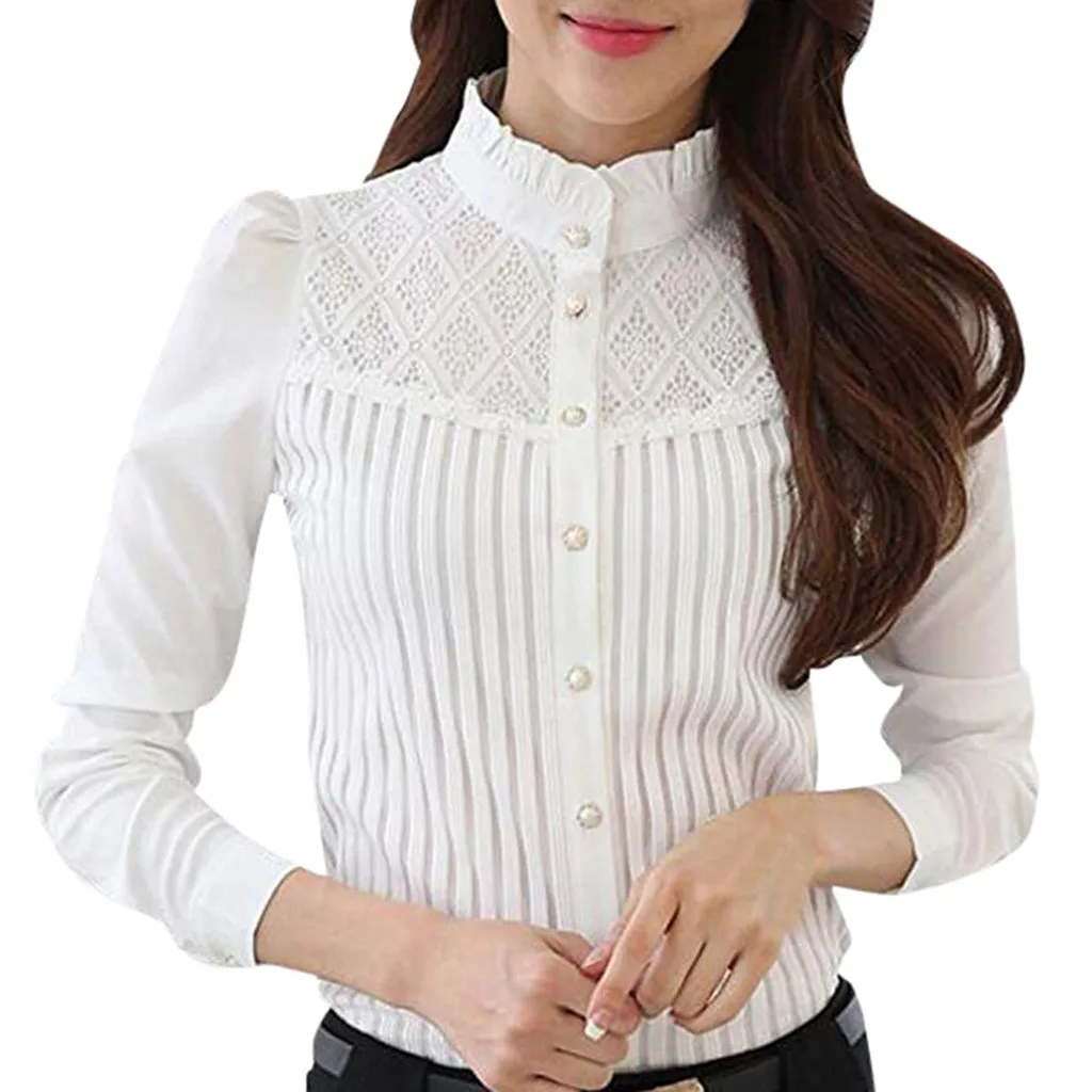 Элегантный Для женщин шифон рубашка на пуговицах женские офисные Белые блузы Винтаж воротником плиссе с длинным рукавом кружевные блузки