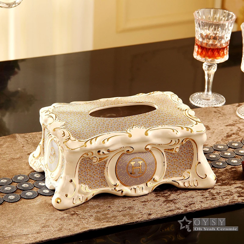 

Porcelain tissue box ivory porcelain "H" mark mosaic design embossed outline in gold decoration tissue box home tissue box gifts