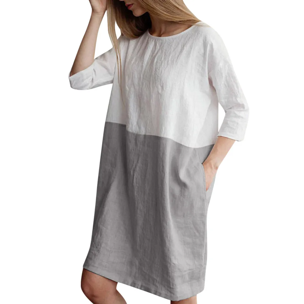 

SAGACE Women Summer Dress Casual Patchwork 1/2 Sleeved Cotton Linen Loose Pockets Tunic Dress Ladies mini Dress Sundress fashion