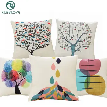 

Creative Colorful Geometry Tree Cotton Linen Cushion Covers Home Decorative Art Throw Pillow Case On Couch Housse Coussion
