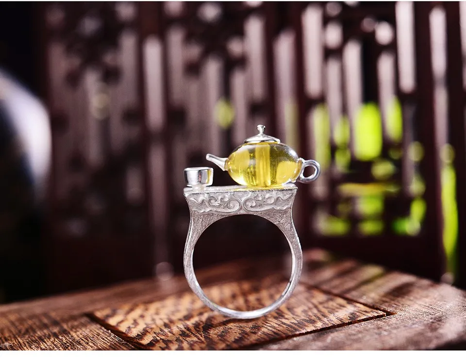 Женское кольцо с чайничком Lotus Fun, винтажное кольцо с натуральным янтарем, ювелирное изделие ручного изготовления из настоящего серебра 925 пробы
