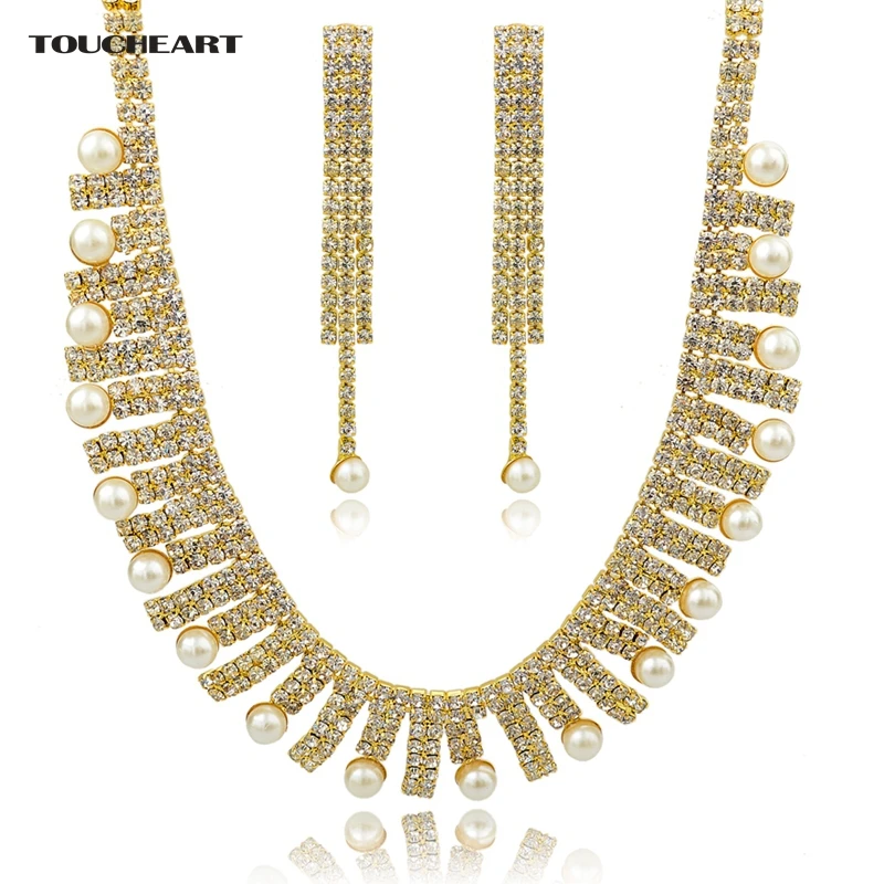 

Fashion 18K Gold Plated Chain Crystal Pearl Choker Necklaces Tassel Stud Earrings Wedding Jewelry Sets For Women Set150075102