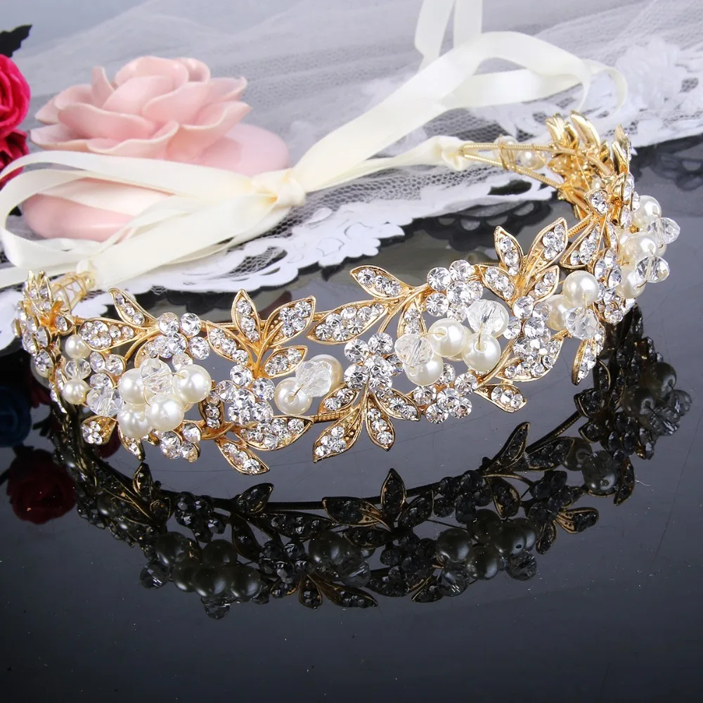 

Tuliper Leaf Bridal Hairband Austrian Crystal Simulated Pearl Satin Ribbon Headband For Wedding Women Party Daily Jewelry