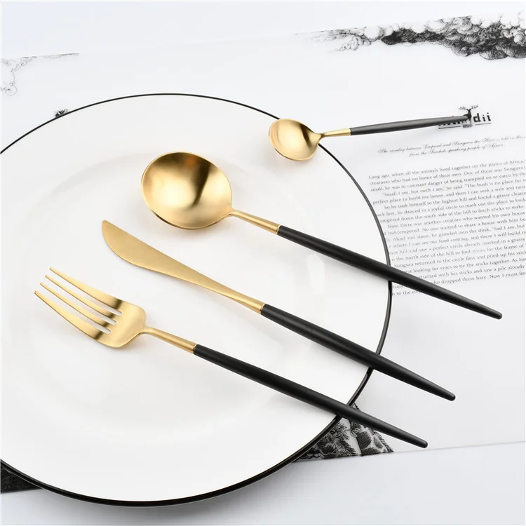 

FRM black gold thickening high quality Matte stainless steel cutlery Western fork knife scoop set dessert fork knife scoop set