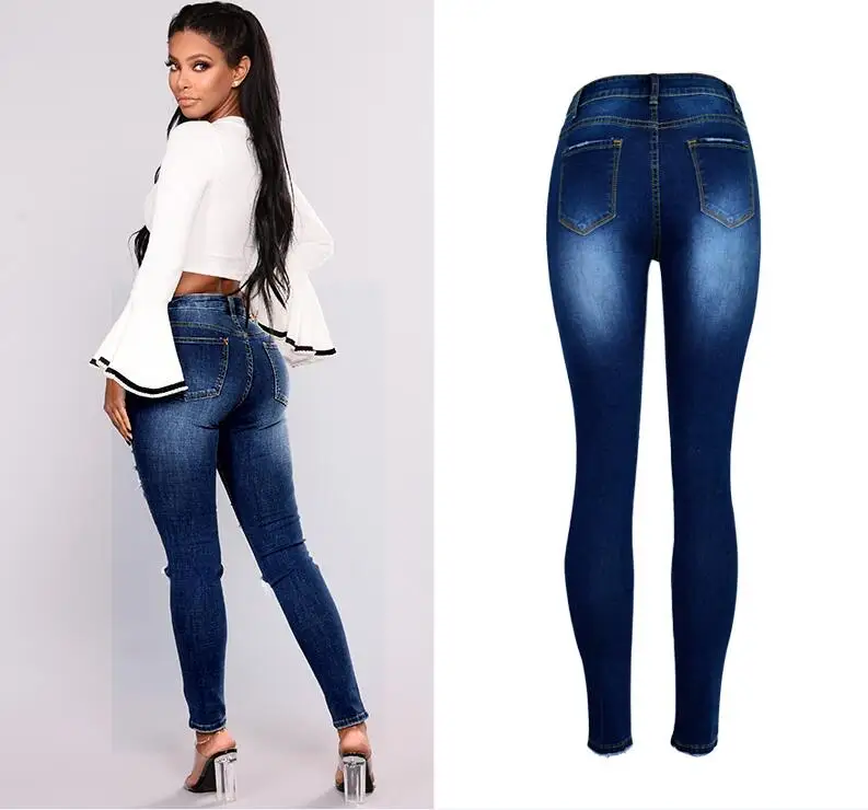 Для женщин зауженные джинсы жемчуг бисером моды Высокая талия синий уничтожено джинсовые штаны Европейский Популярные рваные узкие брюки