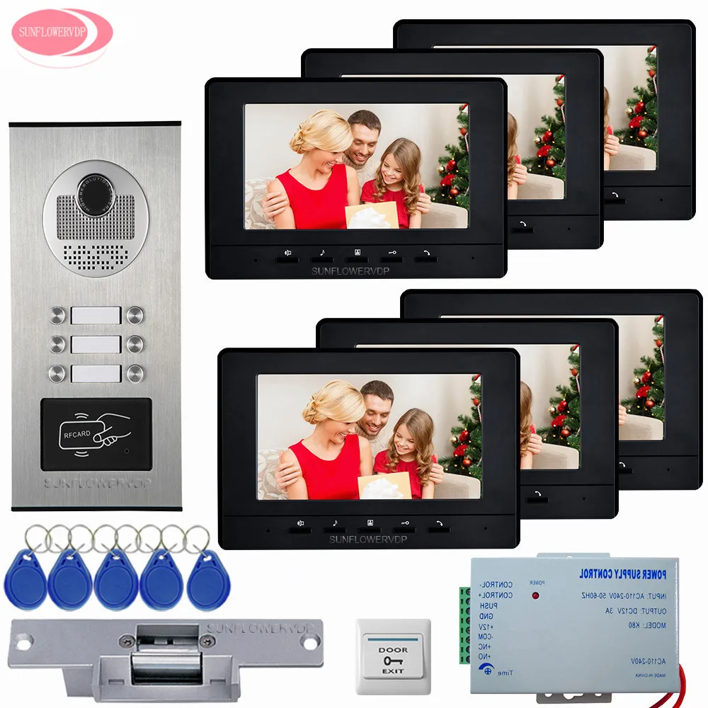

7inch LCD Screen Video Intercom Apartment Door Phone System 6 White/Black Monitors RFID Access Door Camera +Electric Strike Lock