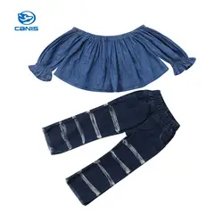 Канис От 2 до 7 лет Одежда для детей; малышей; девочек длинные рукава деним с открытыми плечами модные Топ и штаны в полоску наряды девушки