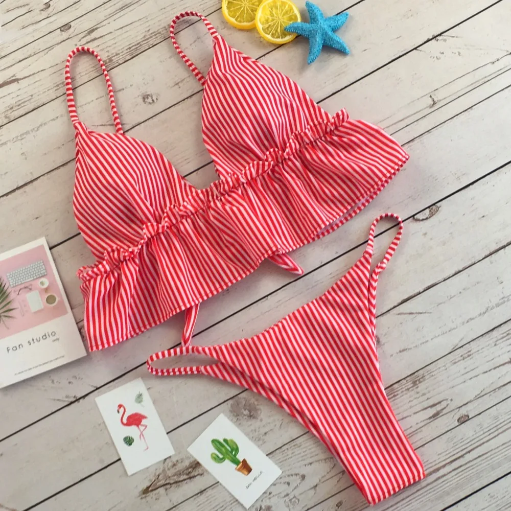 

HAPPYSHARK Stripe Ruffle Swimsuits 2019 Women Lotus Edge Printed Swimwear Sexy Micro Thong Bikini Strappy Cut Out Beachwear