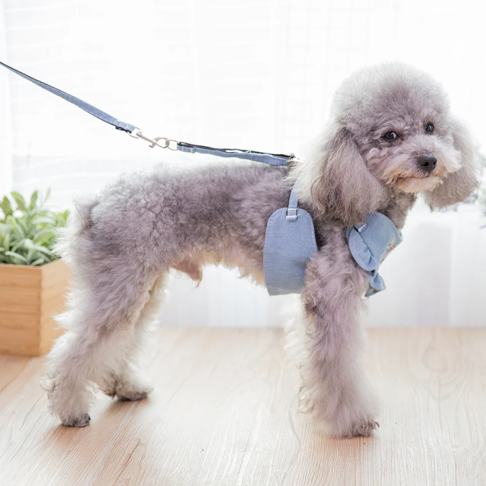 Embroidery Jean Dog Harness Vest Pet Puppy Vest Leash Walking Traction Rope Denim Adjustable Chest Strap Small Dog Accessories