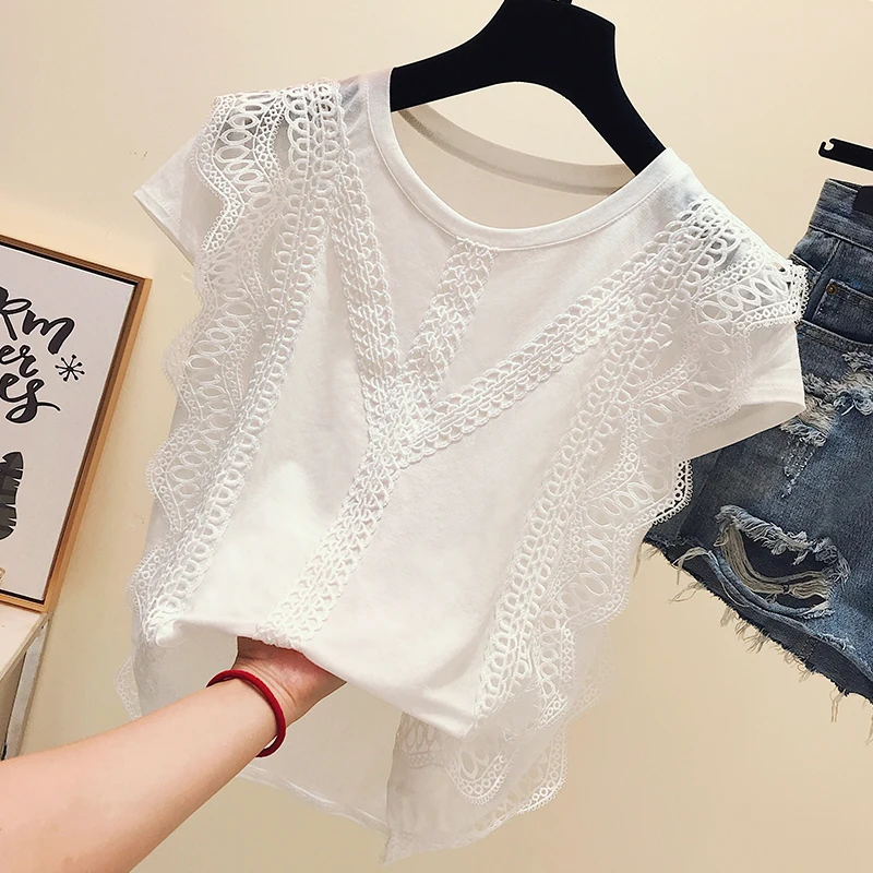 

Sleeveless Shirt Woman Summer 2019 New Korean Style Lace Patch White Vest T-shirt Women's Loose Tshirt Girl Lady Tops Student