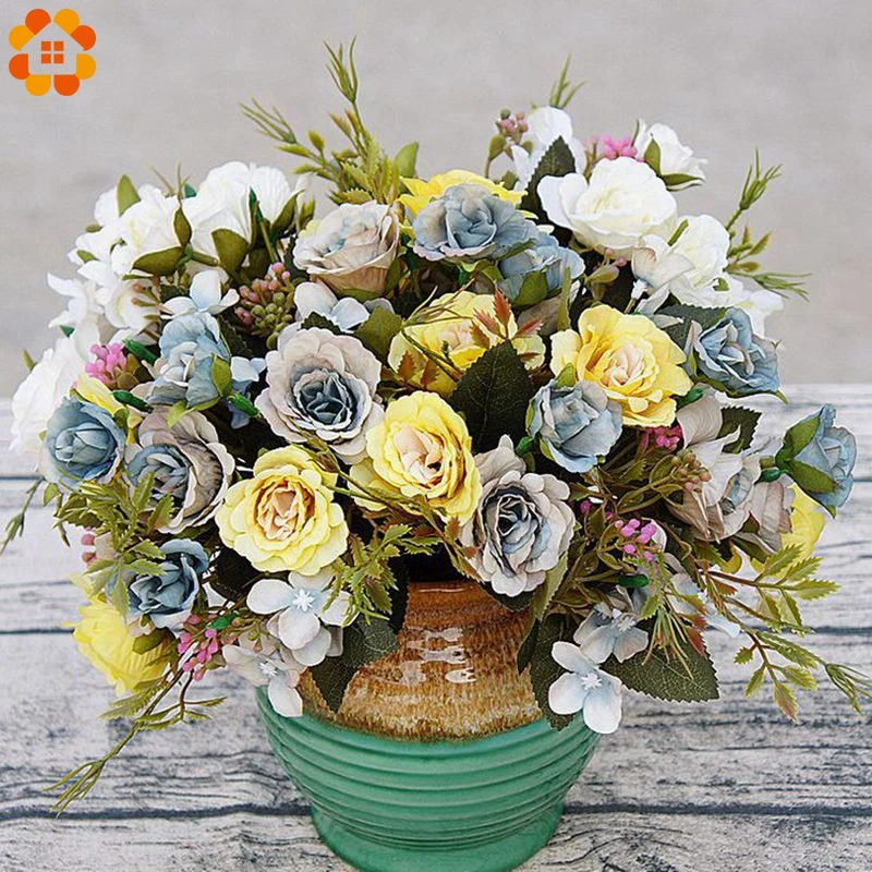 

1Bouquet Silk Artificial Flowers DIY Peony Rose Simulation Flower Bouquets Green Leaves For Home Vases Wedding Party Decoration