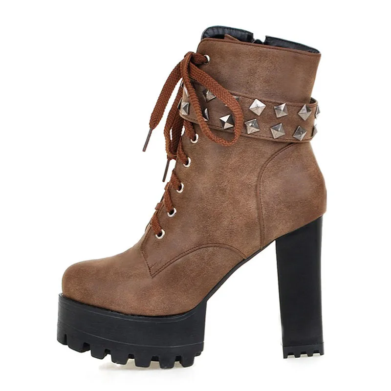 Heel Warme Stiefeletten High Plattform grau Schuhe Kreuz Damen Taoffen Frauen Größe brown Schwarzes Nieten Stiefel 33 Zip 48 Platz Strap OXZXqYxP7w