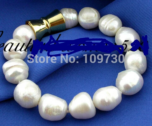 

00734 Big 8" 14mm white baroque freshwater pearl bracelet bangle magnet