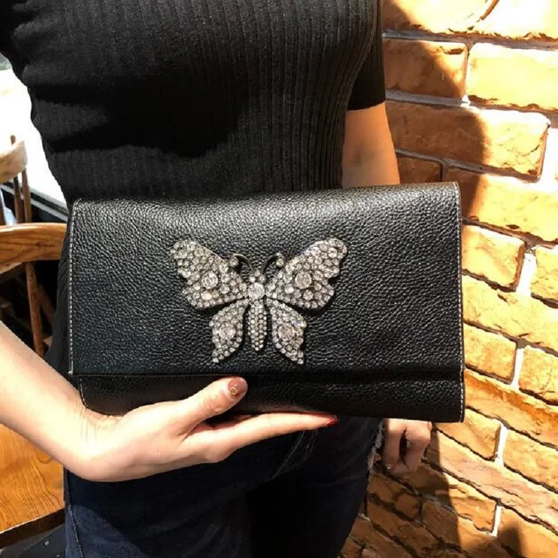 

2018 Genuine Leather Women Clutches Dimond Butterfly Black Woman Small Messenger Bags Shoulder Bag Party Evening Clutch