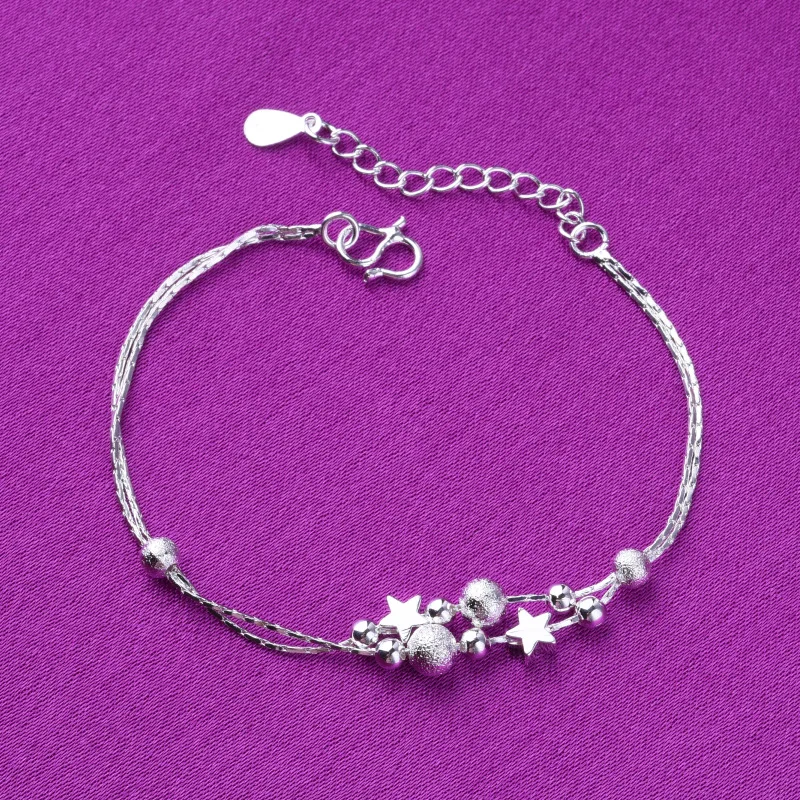 

925 Sterling Silver Star Bead Double Chain Charm Bracelets Link Chain Adjustable Braclets For Women Wedding Jewelry A165