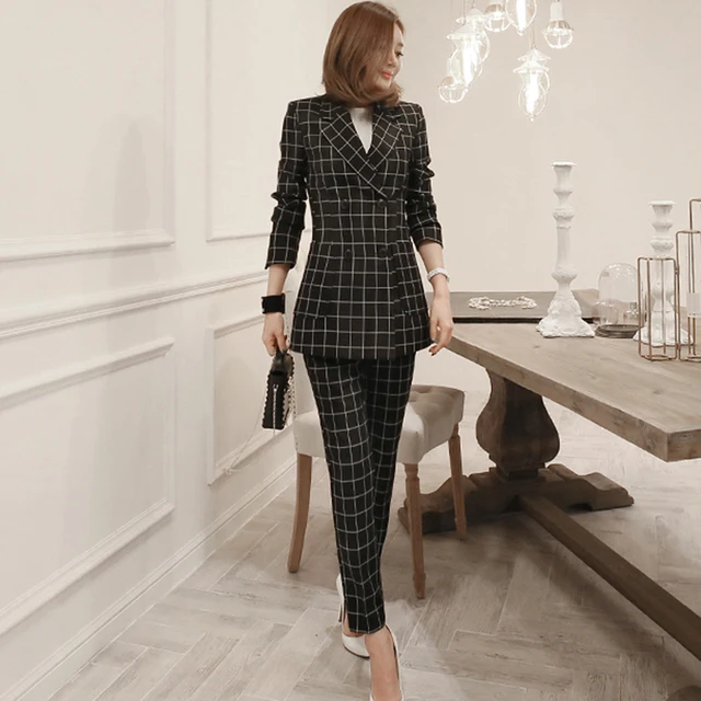 2018 Plaid Black Women Pant Suit Double Breasted Jacket and Zipper Pant ...