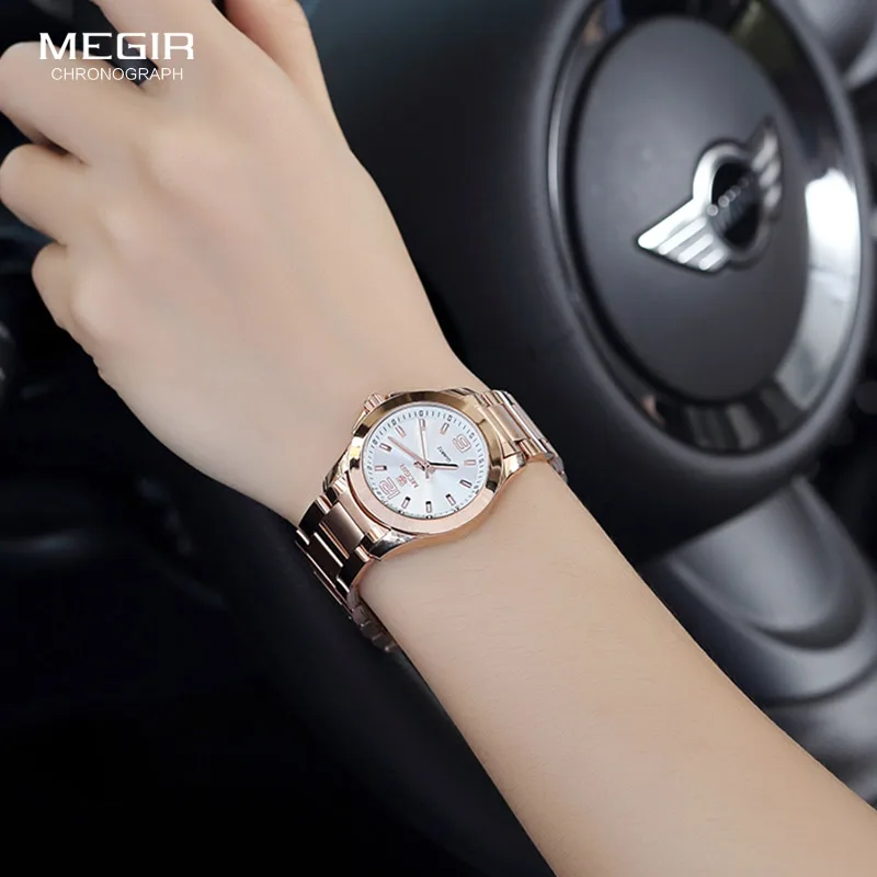 Baratos Relojes MEGIR de cuarzo de esfera redonda Simple para mujer, reloj de pulsera resistente al agua de acero inoxidable para mujer MS5006L