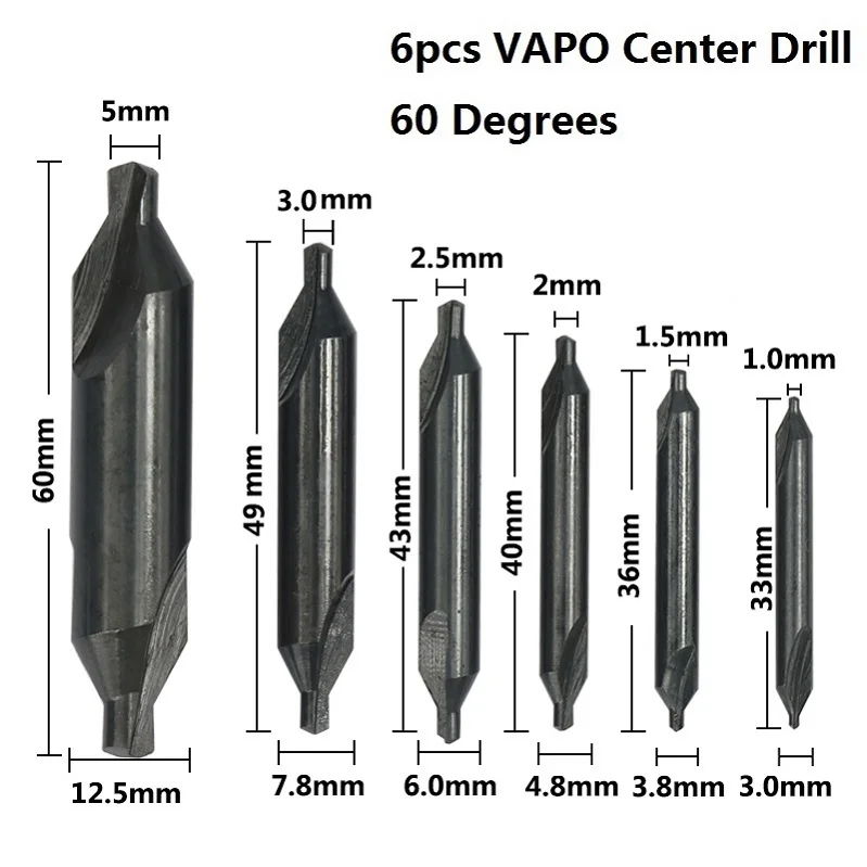 XCAN 6 шт HSS комбинированный центр сверла 60 градусов зенковки угловой Набор бит 1,0 мм 1,5 мм 2,0 мм 2,5 мм 3,5 мм 5 мм сверло по металлу - Цвет: 6pcs Vapo Coated