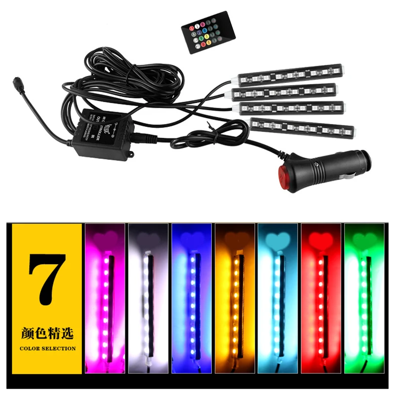 4Pcs 12V Car RGB LED DRL Strip Light 5050SMD Car Auto Remote Control