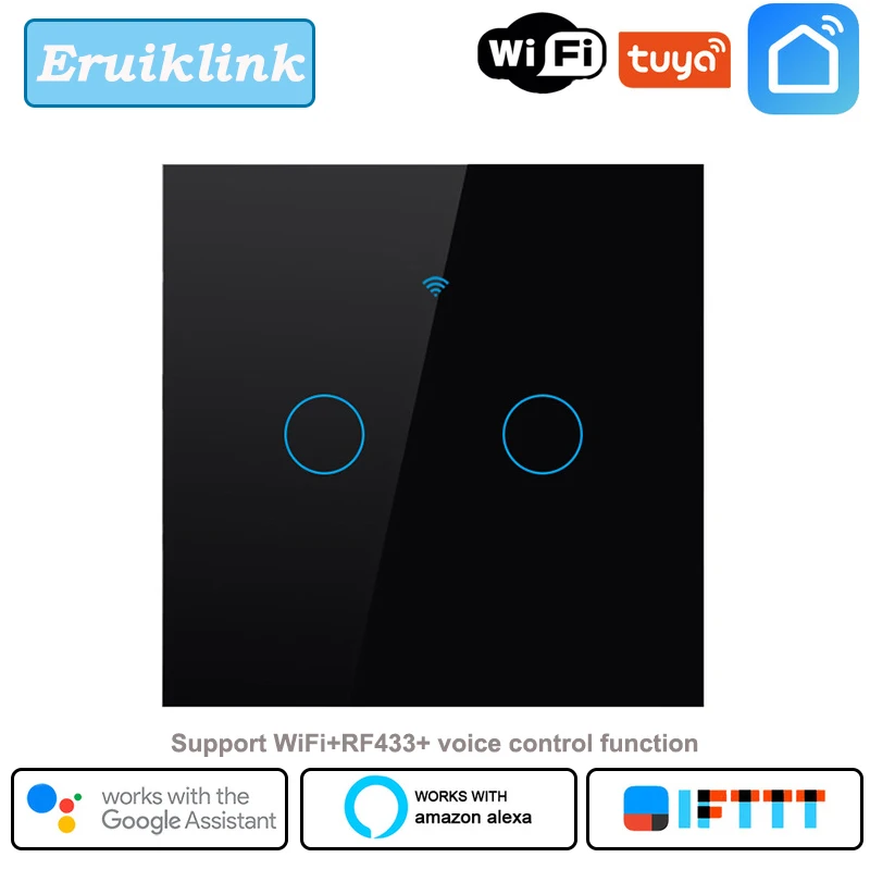 Умный выключатель Eruiklink настенный сенсорный с 2 клавишами поддержкой Wi Fi и Alexa Google
