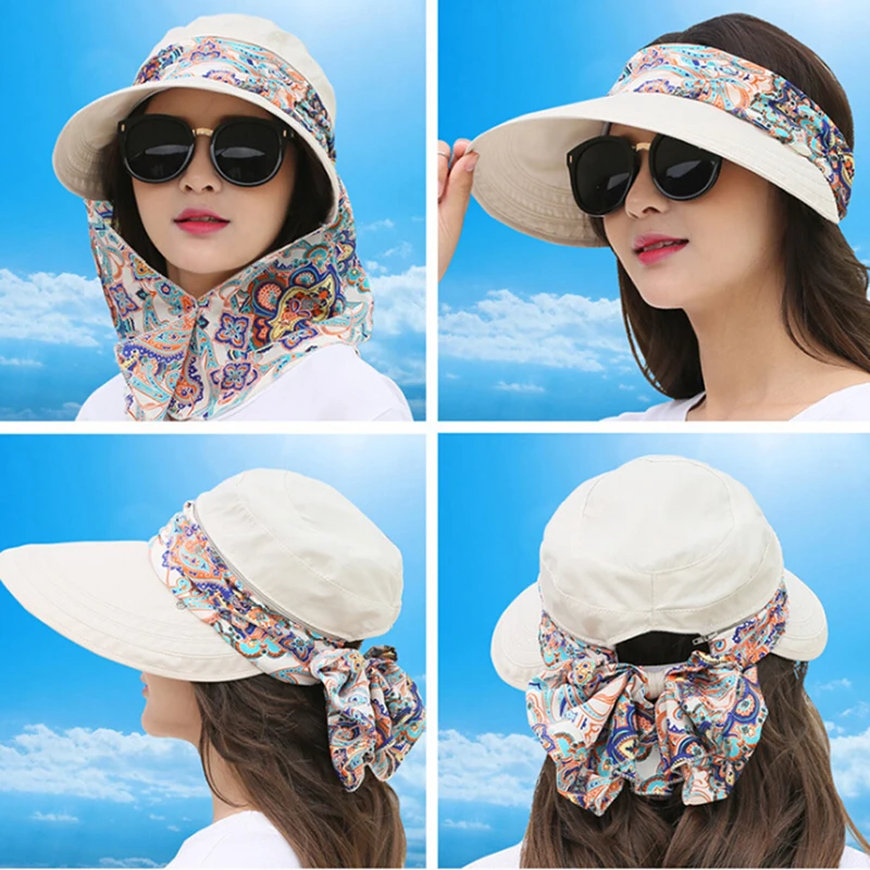 

Wide Brim Floral Neck Face Protection Beach Hat For Women Removable Lady Women Dress Hat Panama Chapeau Femme Female Sunbonnet