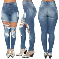 Плюс Размеры обтягивающие джинсы Для женщин джинсовые штаны отверстия уничтожено колена узкие брюки повседневные штаны синий стрейч