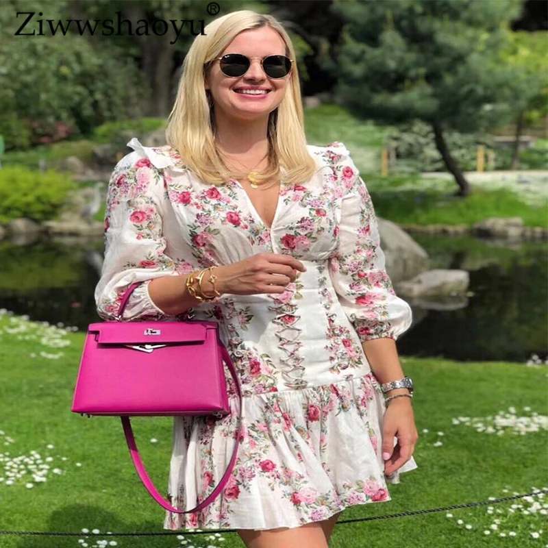 

Ziwwshaoyu Vacation Cotton Print dresses V-Neck Ruffles Puff Sleeve temperament Slim dress New women's
