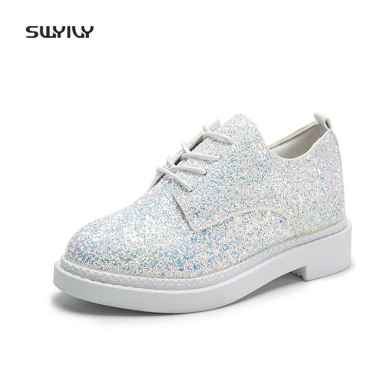 

SWYIVY Women's Casual Shoes Sequines Oxfords Woman 2018 Spring Thick Bottom White Sneakers Lady Footwear Women's Casual Shoes